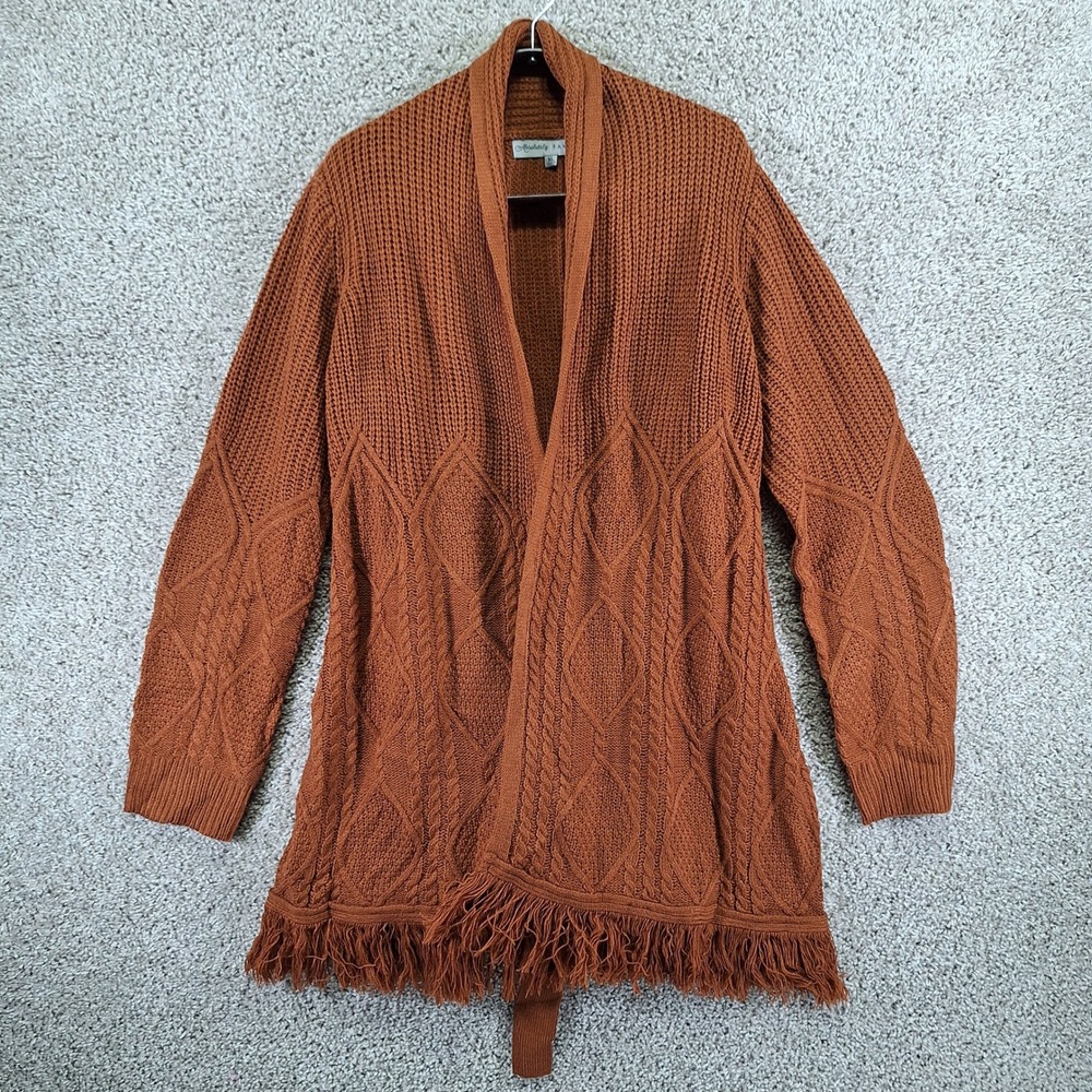 Absolutely Famous Cardigan Women's XL Brown Cable Knitted Tie Waist Fringe Hem
